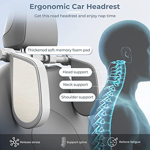Car Headrest Pillow, Road Pal Headrest, Adjustable Car Seat Head Neck Support, U Shaped Car Sleeping Pillow for Kids & Adults (Grey)
