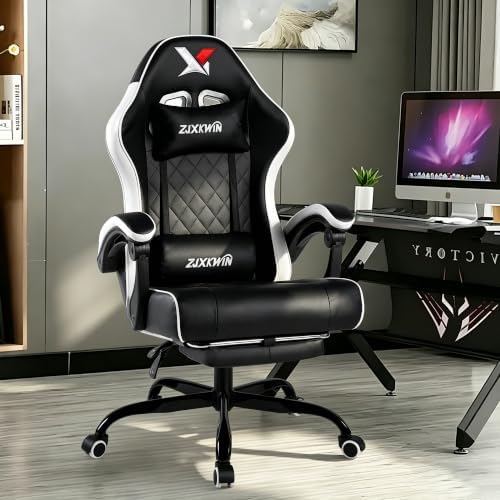 Gaming Chair for Adults with Footrest,White