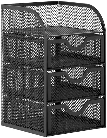 EasyPAG Mesh Desk Organizer with 3 Drawer Office Desktop Organizers and Accessories Stationery Caddy for Office, Home, Students, Black