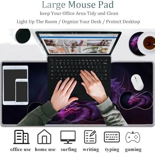 4 in 1 Mouse Pad Combo, Large Gaming Mouse Pad + Keyboard Wrist Support + Mouse Wrist Rest + Coaster, Table Pad 31.5 "x 11.8" with Memory Foam Ergonomic Wrist Pad Set, Flame Eyes Purple Dragon