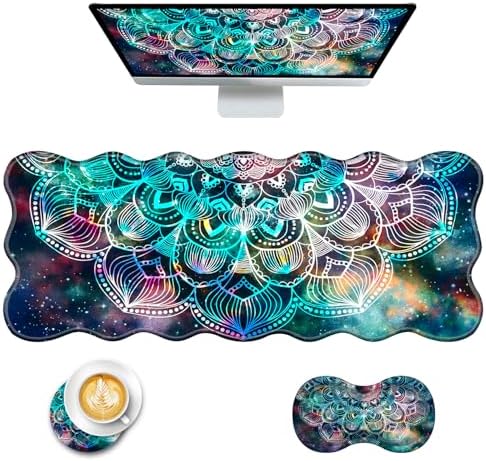 Mouse Pad with Wrist Support + Desk Mat + Coaster 3 in 1 Set, XL Large Gaming Mousepad Ergonomic Mouse Pads for Desk Computer Laptop Office,Mandala in Galaxy