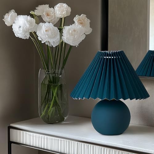 Brightech Serena LED Table Lamp - Small 10" Modern Ceramic Lamp with Pleated Shade for Bedside, Nightstand, Desk - Mini Night Light with Cozy Soft White Light for Living Room, Bedroom - Teal