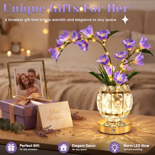 Lily Flower Lamps, Rechargeable Cordless Small Desk Lamp, 3 Colors Dimmable Artificial Flowers Night Light, Fake Bouquet 3 Lilies with Crystal Vase for Home Date Party Decoration (Purple - May Bells)