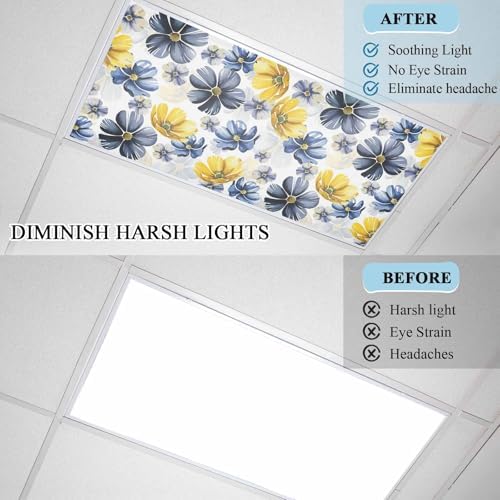 Ombre Flower Magnetic Fluorescent Light Covers for Ceiling Lights 2 x 4 Feet,Watercolor Yellow Purple Blue Green Floral Office Classroom Kitchen Drop Ceiling Light Covers Filters Shade Panel 2 Packs