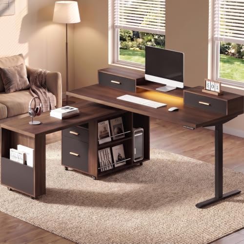 ModernMate L Shaped Standing Desk with 360° Rotating Cabinet, Black Walnut