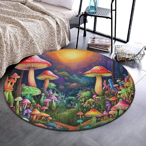 Highly Premium Quality Floor Mat, Office Chair Decor Mat, Room Sofa Yoga Soft Round Carpet Trippy Mushroom Magic World Art, 36inch