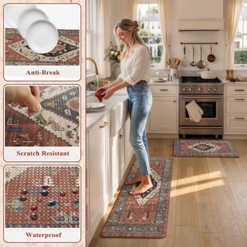 KIMODE Farmhouse Kitchen Mats, Anti Fatigue Kitchen Rugs Sets of 2 Red