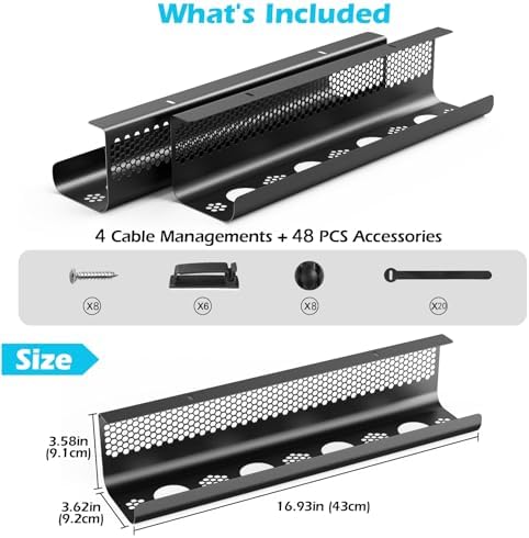 KHAMAL Cable Management Under Desk 52PCS - Cable Management Tray Kit Ventilated Hexagonal Design with Cable Clips, Wire Ties, Cord Holder & Screws for Office, Home - 4 Black Sets