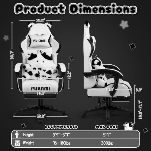 PUKAMI Gaming Chair with Cat Ears,Cute Computer Chair for Girl with Footrest,Ergonomic Gamer Chair, Kawaii Gaming Chair, Game Chair (Black and White)