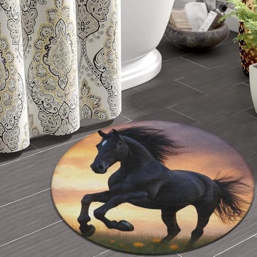 Soft Round Yoga Carpet, Large Home Decor Mat, Non Slip Machine Washable Kitchen Office Circle Rug 3D Horse Print