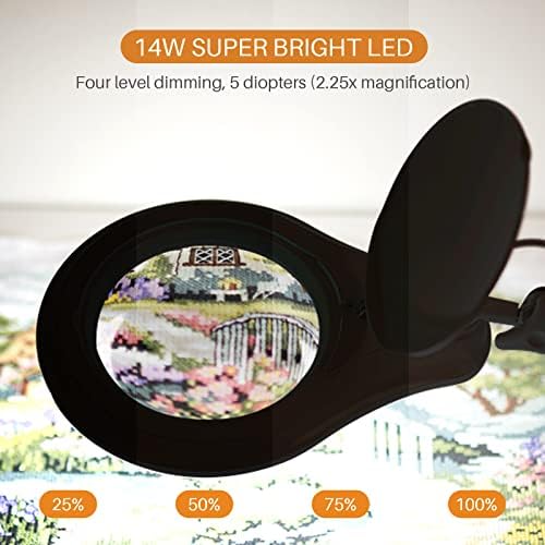 LED Magnifying Lamp with Clamp, 14W 1200LM, 2.25X, Black