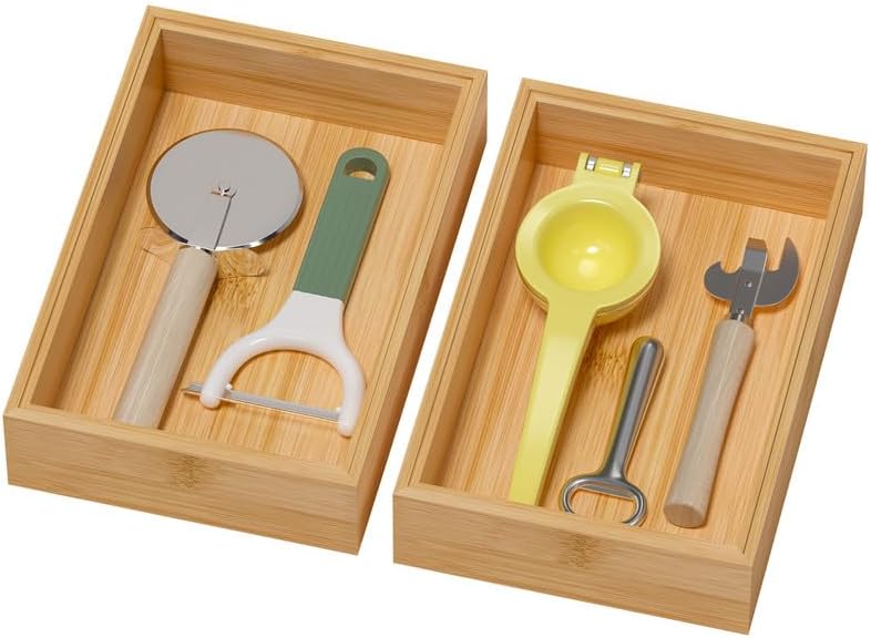 Lixple Bamboo Kitchen Drawer Organizer, 2 Pack, 9" x 6" x 2"