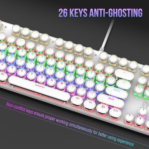 Typewriter Mechanical Gaming Keyboard with RGB Backlit Red Switches, 104 Keys Retro Round Keycap, Wired Typewriter Style Comfortable Typing Soud (L-White)