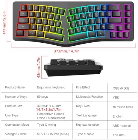 HXMJ-Wired Ergonomic Gaming Keyboard,Mechanical Feel,Detachable USB Cable,69 Keys,RGB Backlit-Black