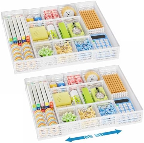 Marbrasse Expandable Desk Drawer Organizer, Mesh Drawer Organizer Tray with 10 Adjustable Compartments, Desk Organizers and Accessories for Office Supplies, Makeup & Vanity (Expandable White-2 pack)