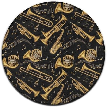 Machine Washable Modern Round Area Rug, Room Sofa Yoga Soft Round Carpet, Home Decor Non Slip Kitchen Office Circle Rug Gold Trumpet Trombone French Horn Black
