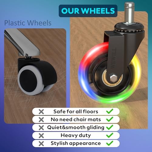WEWILL RGB Chair Caster Wheels, Self-Lit No Batteries, 3" PU Rubber (5-Pack), Heavy Duty 325kg/715lb, Universal 11x22mm Stem, Quiet for Carpet/Hardwood (Not IKEA)