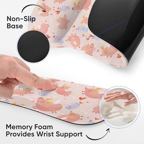 Ergonomic Memory Foam Keyboard Mouse Pad Set with Wrist Rest Support,Non-Slip Hand Wrist Cushion for Laptop/Notebook/Desktop/Computer/Gaming/Office,Easy Typing& Pain Relief (Pink Pig)