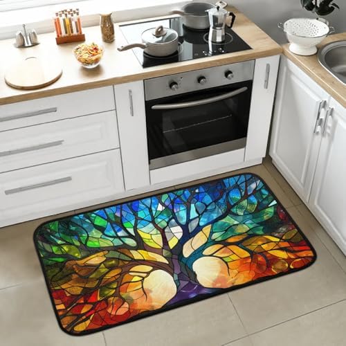 Kitchen Mats, Glass Tree Pattern Kitchen Rugs, Cushioned Anti Fatigue Kitchen Mats, Non-Slip Standing Desk Mat, Absorbent Kitchen Rug for Floor, Kitchen, Office, Sink, 20"×39"