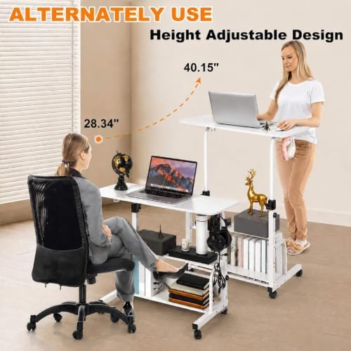 Adjustable Height Mobile Computer Desk,White Table for Home Office Bedroom