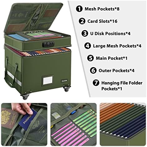 DocSafe File Box with Lock,2-Layer Fireproof Document Box with Wheels,Collapsible Rolling File Storage Organizer with Pockets,Large Portable Home Office Filing Cabinet Safe for Hanging Folders,Green