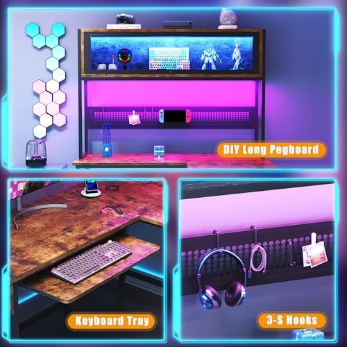 L Shaped Gaming Desk with Power Outlets & LED Lights, 49'' Reversible Computer Desk with Hutch & Pegboard & Display Cabinet, Corner Home Office Desk with Drawer & Keyboard Tray & Storage Bag, Rustic