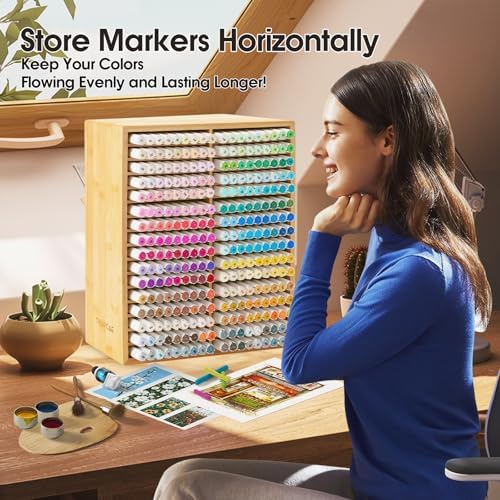 Marker Organizer for 288 Markers,Bamboo Wooden Desk Storage Organizer Rack,Markers Pens Pencils Art Brushes Storage Holder for Home Classroom Office Decor