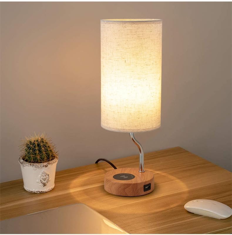 Bedside Table Lamp with Wireless Charger & USB Port - Touch Control LED Desk Lamp for Bedroom, 3-Way Dimmable Wooden Nightstand Lamp with Fabric Shade for Living Room, Kid's Room, Dorm, or Office