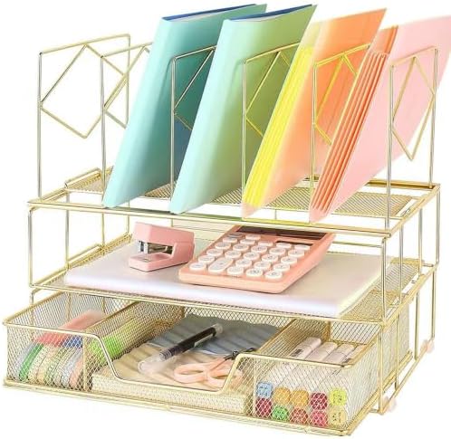 Desk Organizers and Accessories, 2-Tier Desk Organizer with Drawer, Gold