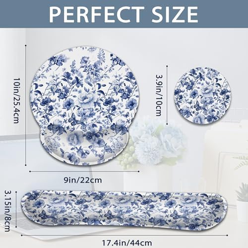 Ergonomic Keyboard and Mouse Wrist Rest Set, Blue Butterfly Flower Berry Mouse Pad with Non Slip Base, Soft Cloth Surface for Office and Home Typing Support