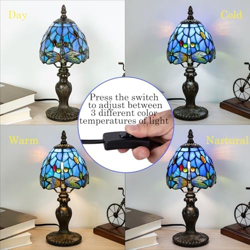 Small Tiffany Table Lamp, 3 Color-Temperature Dragonfly Stained Glass Lamp,6 Inch Tiffany Style Lamp for Bedroom Living Room Home, Handcrafted Light, Included Bulb (Blue)