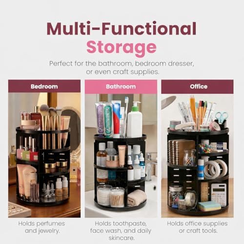 Masirs 360 Rotating Makeup Organizer Countertop, Adjustable Shelf, Black
