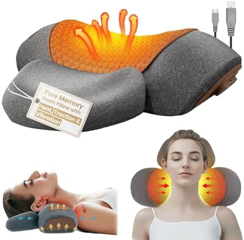 3-in-1 Neck Massager Pillow with Heat and Airbag Traction - Premium Memory Foam Neck Stretcher for Deep Tissue Muscle Relaxation, Cervical Posture Support & Shoulder Tension Relief (Gray)