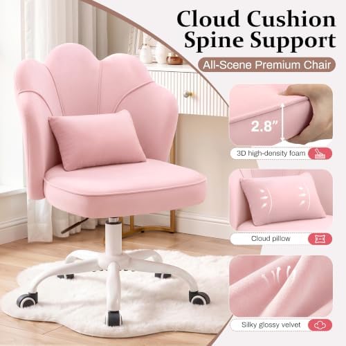 Vanity Chair with Wheels, Swivel Velvet Makeup Desk Chair, Pink