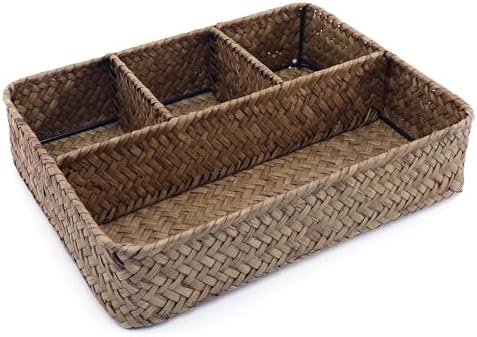 Nonam Large 4-Section Seagrass Tea Bag Organizer,Divided Basket,Brown