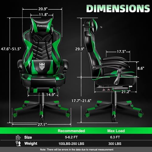 Vonesse Gaming Chair, Big and Tall Gaming Chair with Footrest and Massage, Gaming Chairs for Adults with Lumbar Support, Ergonomic High Back Computer Chair with Pocket Spring Cushion (Green/Black)