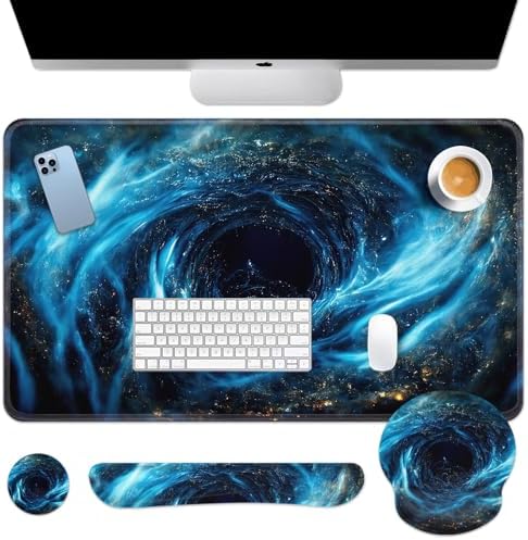 Britimes Keyboard Mouse Pad Set, 4 in 1 Desk Mat Set, Blue Black Galaxy