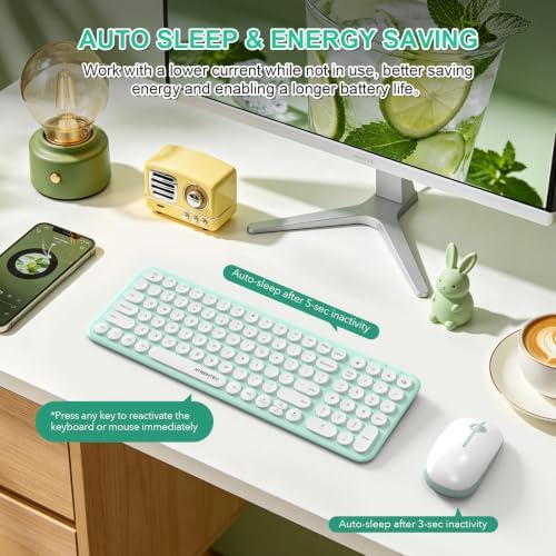 Wireless Keyboard and Mouse Combo,XTREMTEC 2.4GHz Quiet Slim Cute Round Keycap Compact Size Green Kawaii Cordless Retro Keyboard Mouse Set Home Office Accessories for Mac/Windows(Macaron Green)