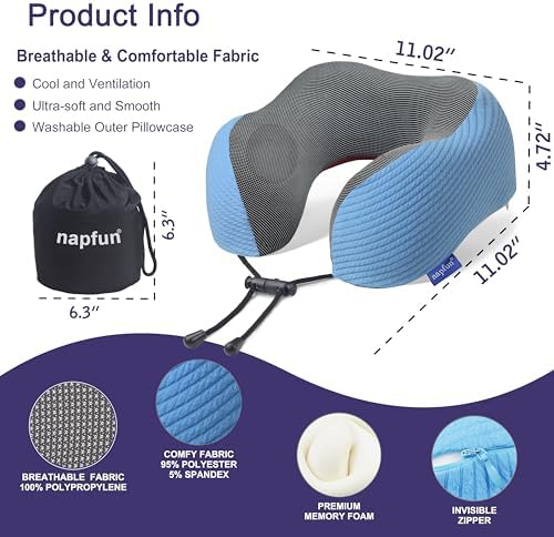 napfun Neck Pillow for Travel, Memory Foam Airplane Pillow, Sky Blue