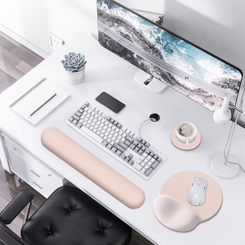 AIMSA Mouse Pad with Wrist Rest Support, Keyboard Wrist Rest Set, Ergonomic Memory Foam Mousepad for Computer Keyboard, Easy Typing and Pain Relief, Apricot