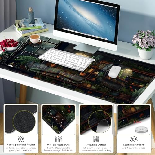 Aesthetic Green Plant Books Mouse Pad with Wrist Support 4 in1 Set, XXL Big Game Mousepad + Keyboard Wrist Rest + Mouse Wrist Rest Pad +Coaster Gaming Mat for Work Study I Japanese Anime Lofi Cat