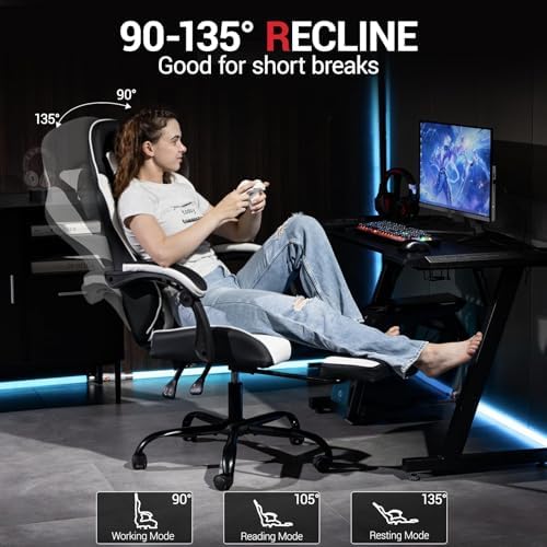 Gaming Chair with Footrest for Adults - PU Leather Video Game Chair w/Massage Lumbar Support for Men Women, Ernogomic Computer Gamer Chair for Home Office, Height Adjustable, White