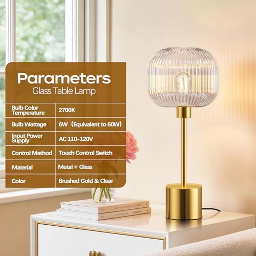 Glass Table Lamp for Living Room, Modern Gold Clear Bedroom Bedside Lamp