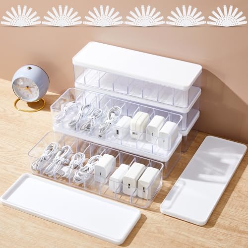 Tatuo Cord Organizer Box with Lid, Clear, White, 6 Pack