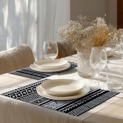 Shrahala Traditional African Geometric Placemats, Black and White Tribal Ethnic Table Mat Linen Burlap Washable Double-Deck Heat Insulation for Dining Table Kitchen Table Set of 4 (12 x 18 inch)