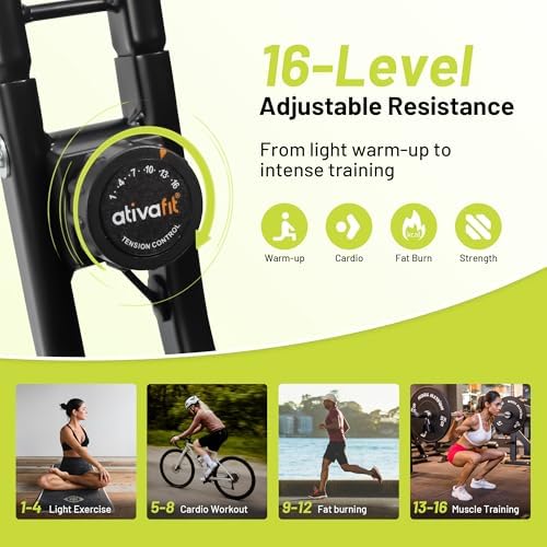 ATIVAFIT 5-in-1 Foldable Exercise Bike for Home, Upright & Recumbent Indoor Bike with 16-Level Magnetic Resistance, Resistance Bands, Quiet Cardio, Adjustable Seat
