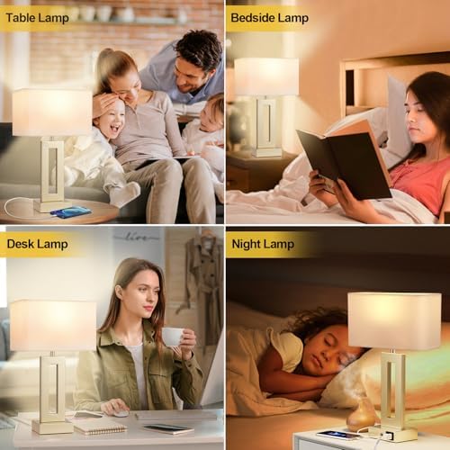 Gold Table Lamps Set of 2, 16.4" Bedside Lamps for Nightstand with USB C+A