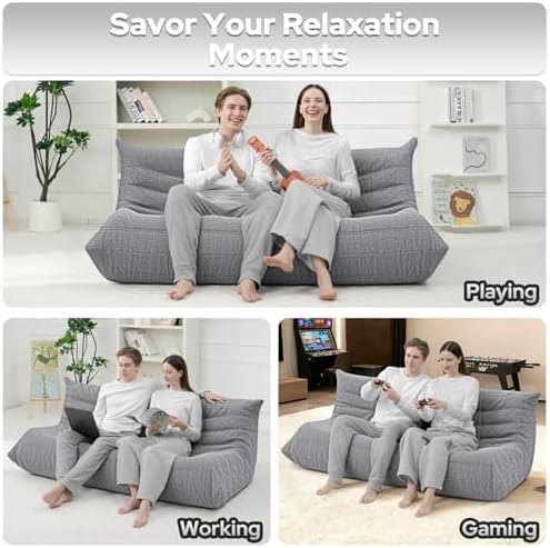 HABUTWAY Bean Bag Chairs Fireside Lazy Floor Sofa,3 Seater,Light Grey