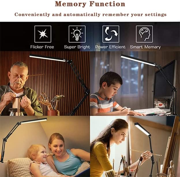 Glotrasol LED Desk Lamp with Clamp, Large Bright Desk Light, Swing Arm Eye Caring Table Lamp, Dimmable Foldable 360 Degree Spin USB Adapter Clip on for Home, Office Work, 3 Color Mode,10 Brightness