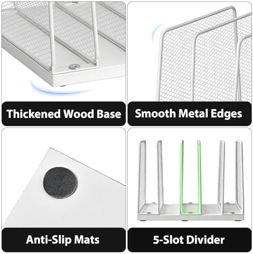 LEKETREE Small Desk File Organizer, 5-Section Upright File Sorter, Vertical File Folder Holder, Mesh Metal Wood Office Desktop Organization for Document, Magazine, Books and more (White)